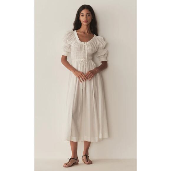 DOEN Ischia Shirred White Organic Cotton-Voile Midi Dress Size Large - Picture 4 of 10